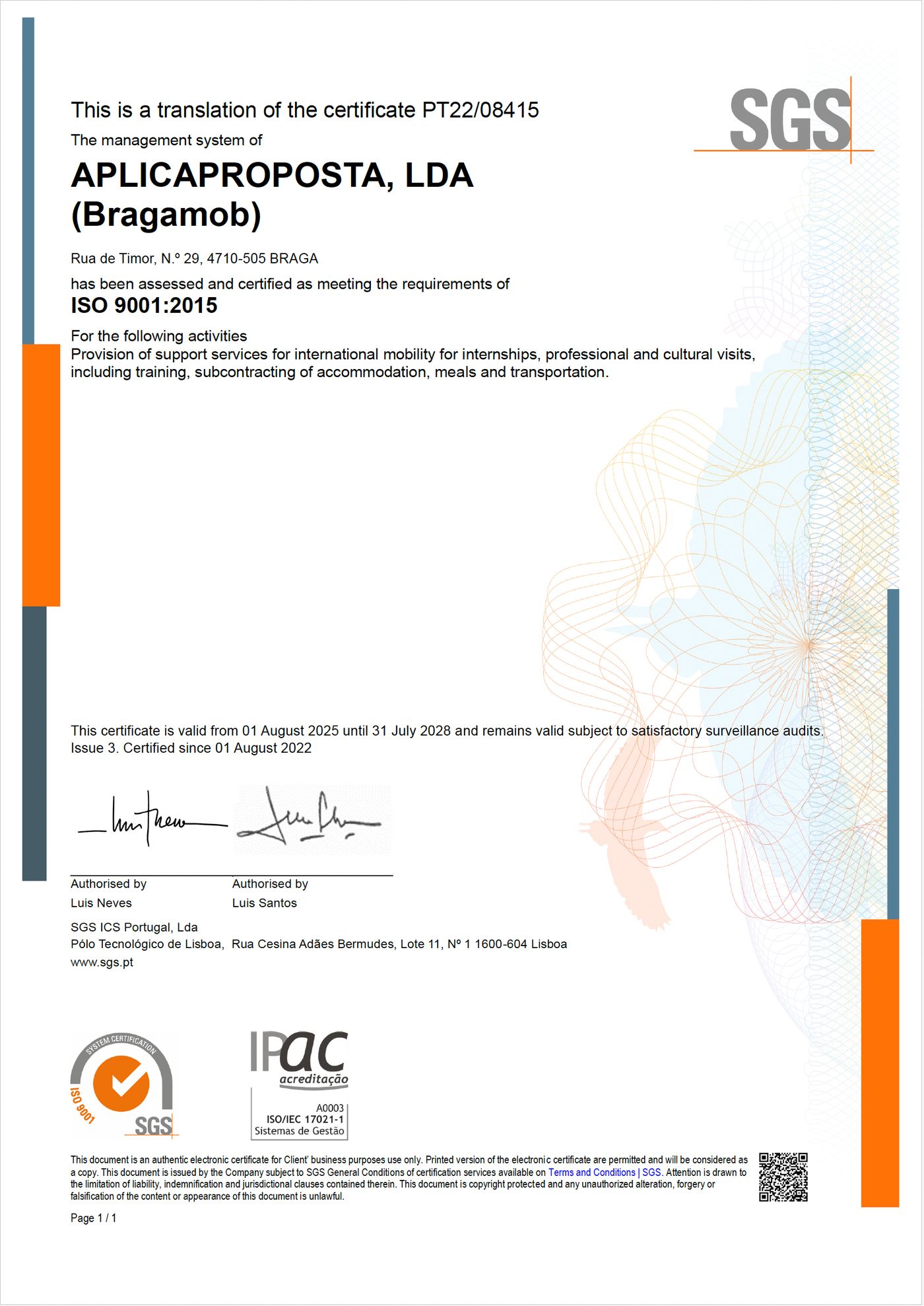 Certificado ISO 9001:2015 emitido pela SGS à AplicaProposta, Lda (BragaMob)